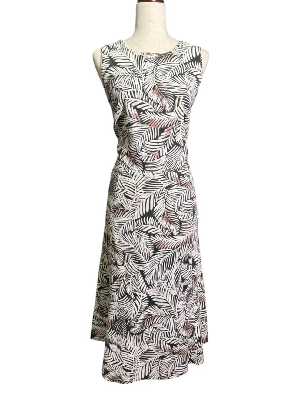 NWT Anne Klein Brown, Cream Palm Print Sleeveless Midi Dress Stretch Size 16